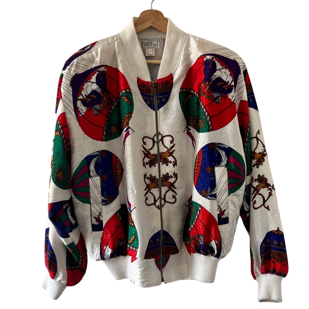 Vintage GDT TOO Bomber Jacket Mens Fits All White Novelty Hot Air Balloon Print